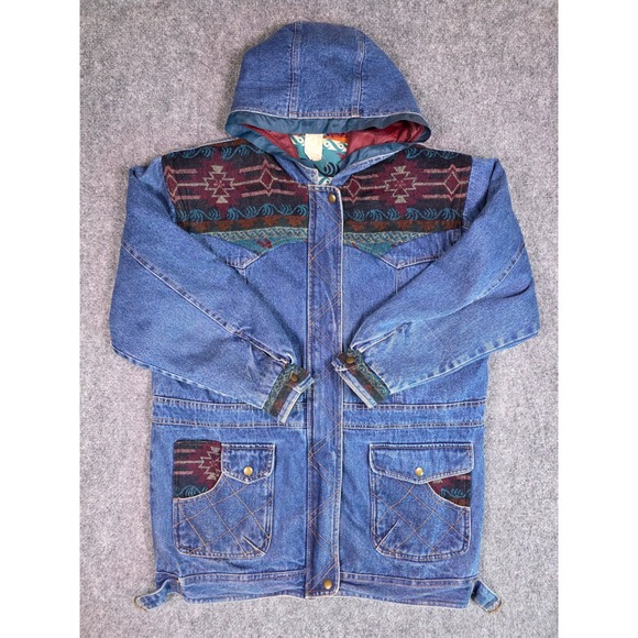 Outbrook Jackets & Blazers - Vintage 90s Southwestern Aztec Denim Jacket Womens M Hooded Blanket Lined Long